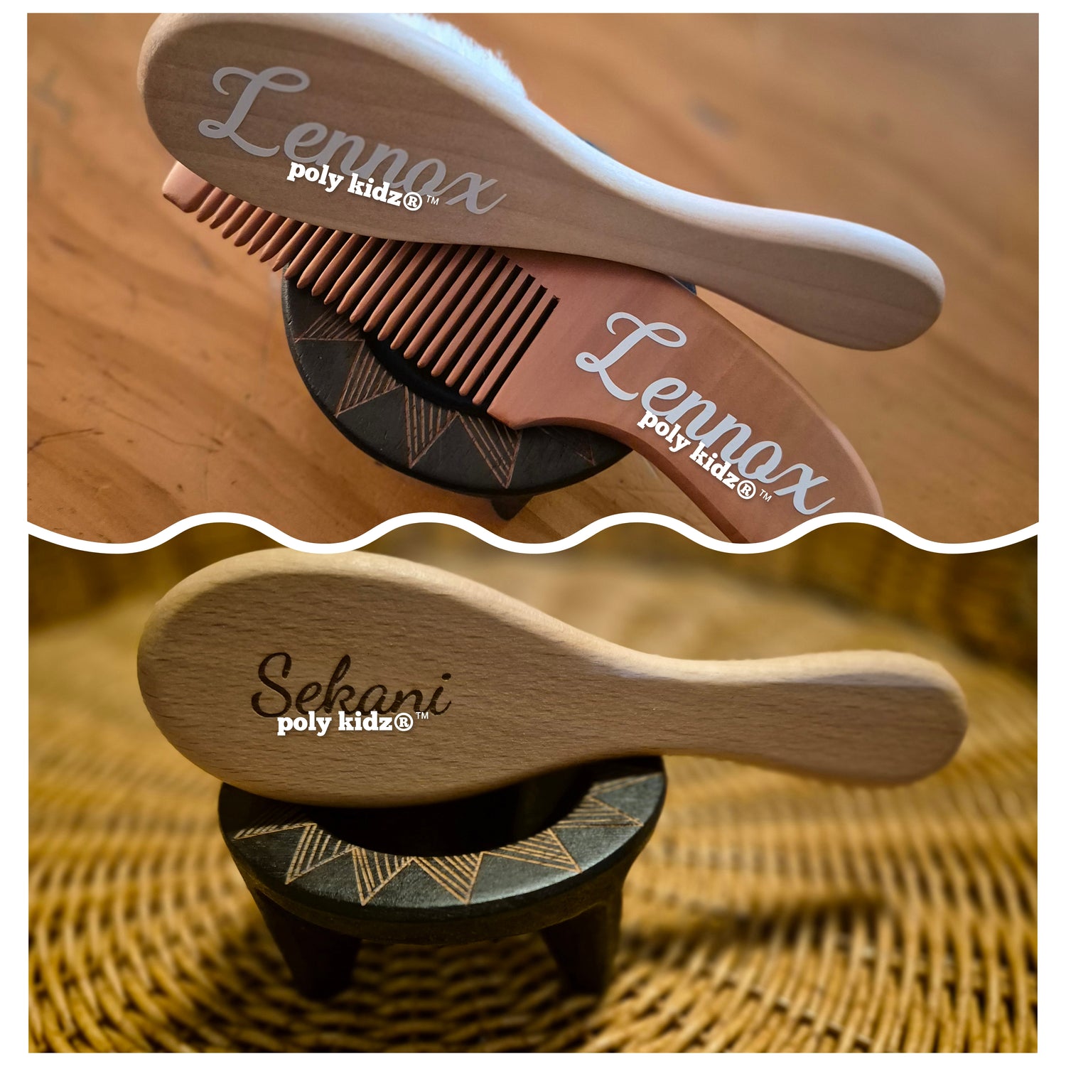 Personalised wooden baby brushes and comb sets